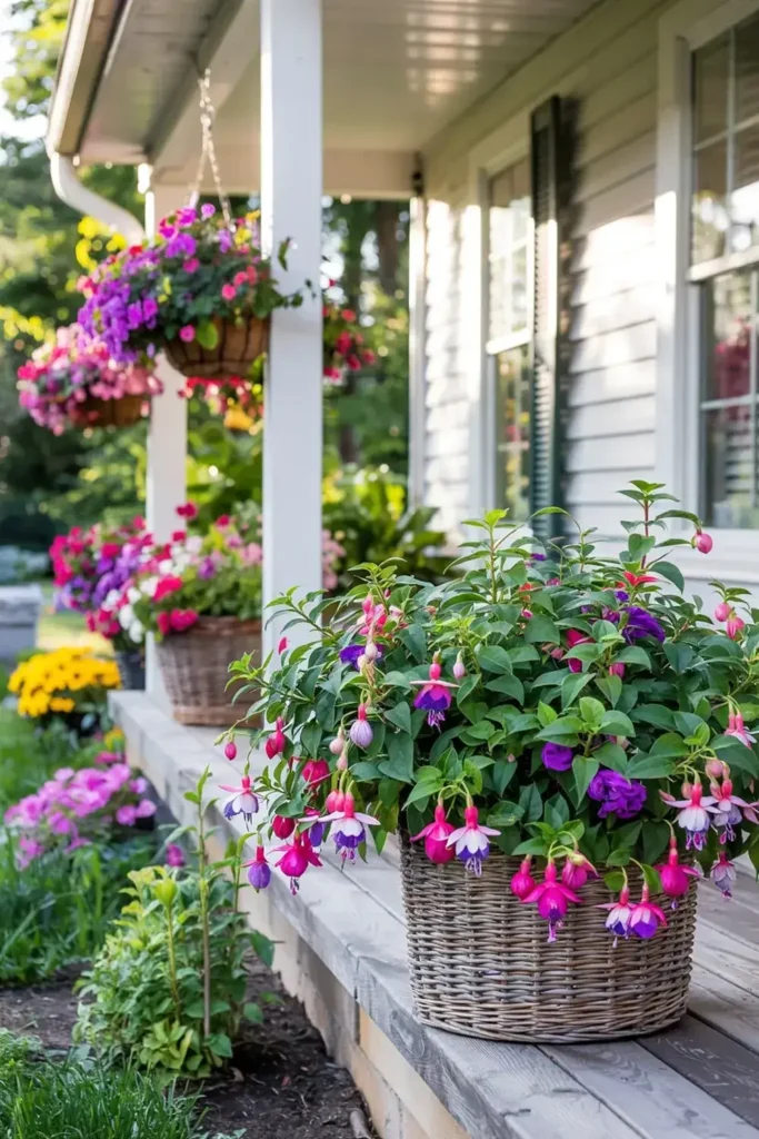 Wooden porch decorated with hanging baskets and potted flowers including vibrant fuchsias.