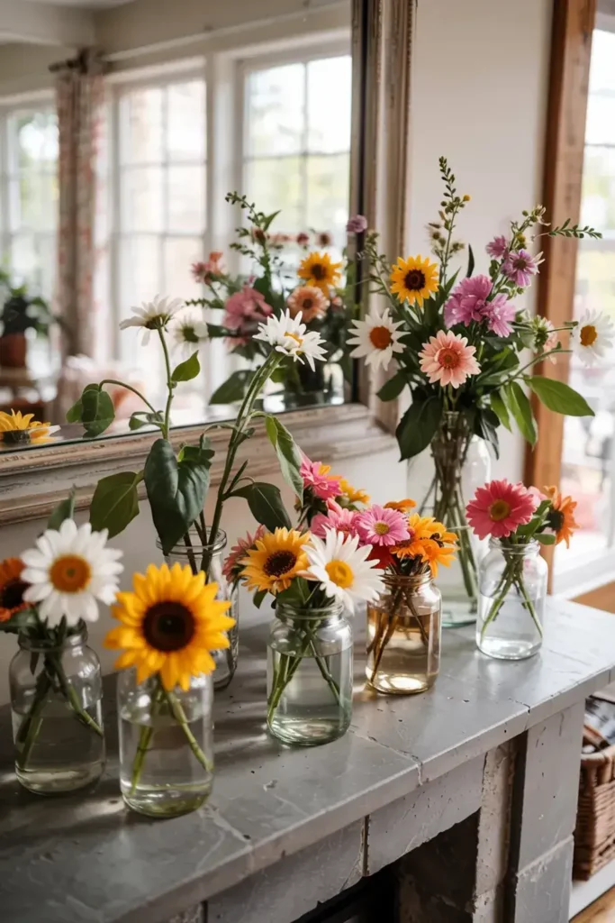 A collection of colorful wildflowers in glass jars arranged on a stone mantelpiece in front of a window.