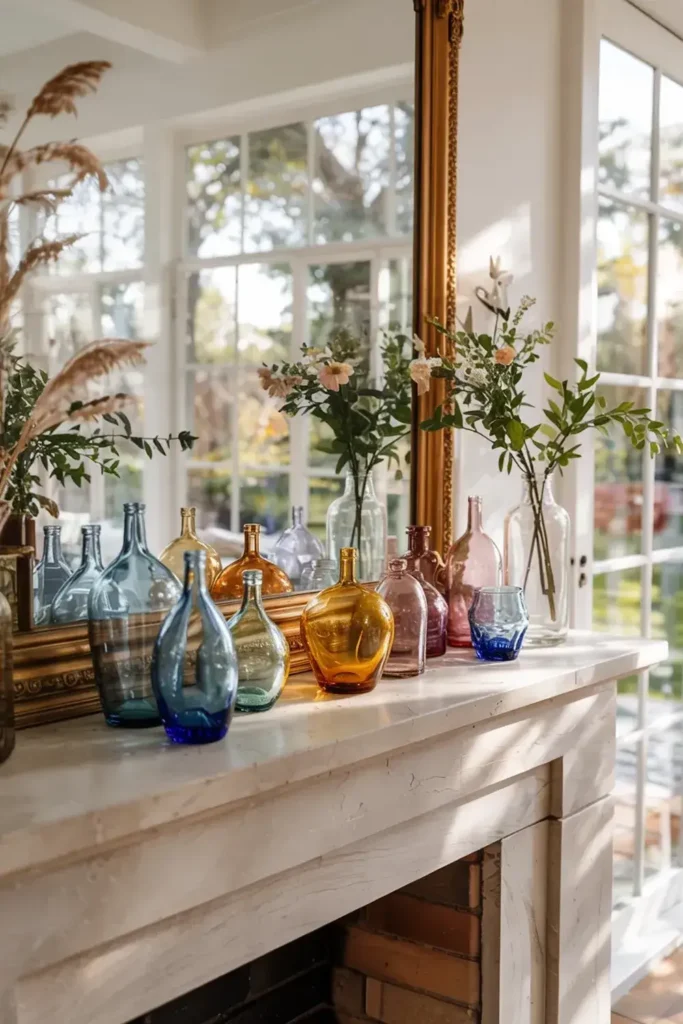 Collection of colorful glass bottles and vases with flowers displayed on a marble mantelpiece in front of a window.