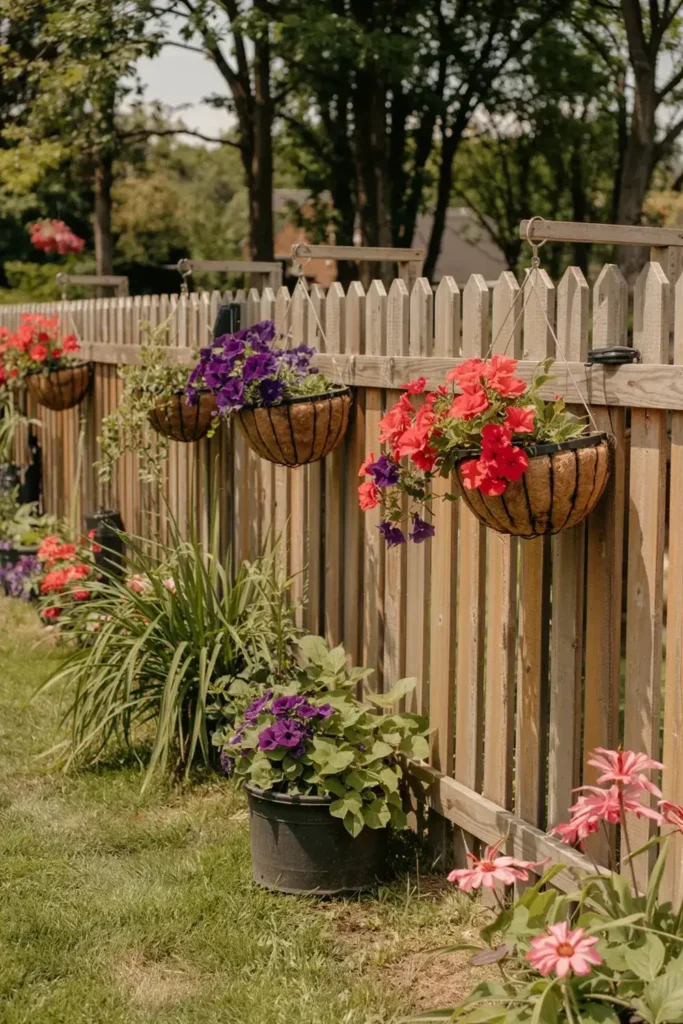 Wooden picket fence decorated with hanging flower baskets and plants in a garden.
