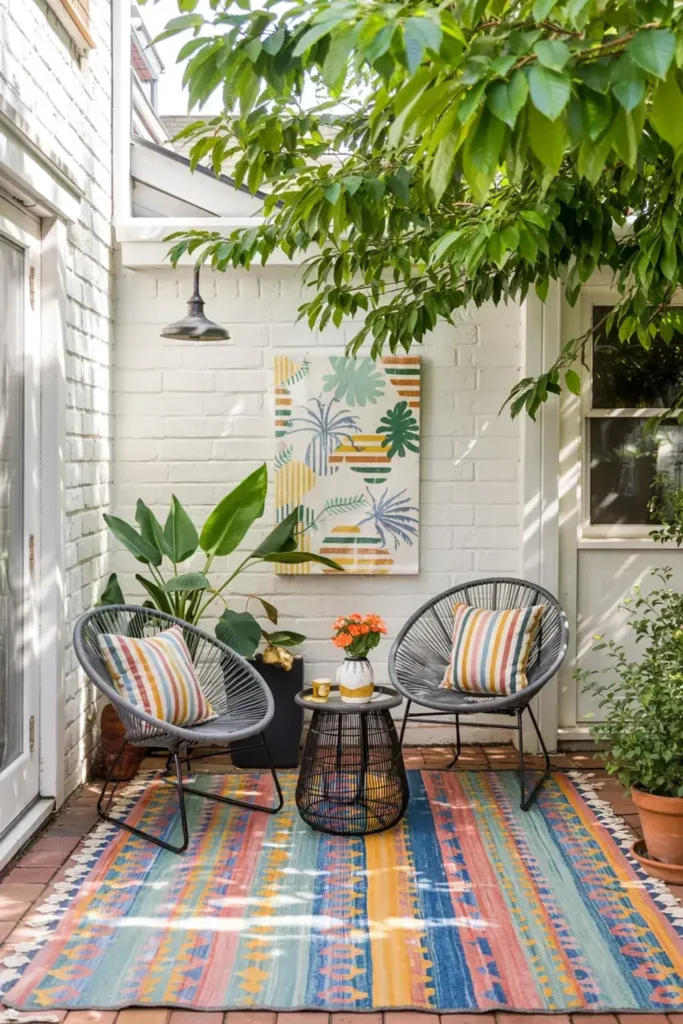 Small patio seating area with two grey chairs, a colourful rug, plants, and wall art.