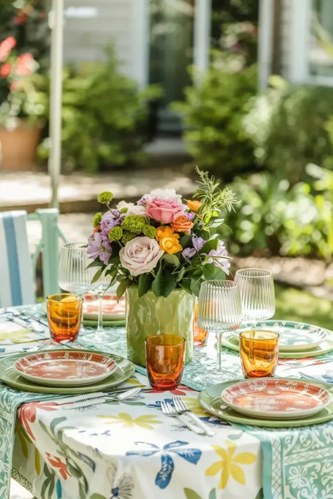 Outdoor dining table set with colourful floral tablecloth, plates, glasses, and a vase of flowers centerpiece.