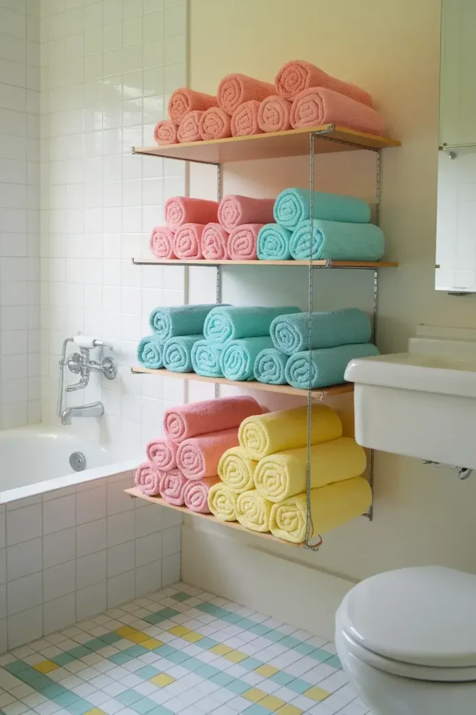 Bathroom with pastel rolled towels stacked on shelves.