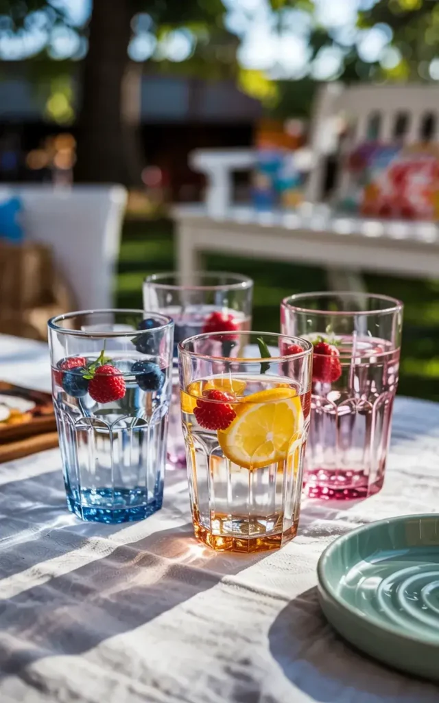 Four colorful glasses of fruit-infused water sit on a white tablecloth outdoors with a blurred garden background.