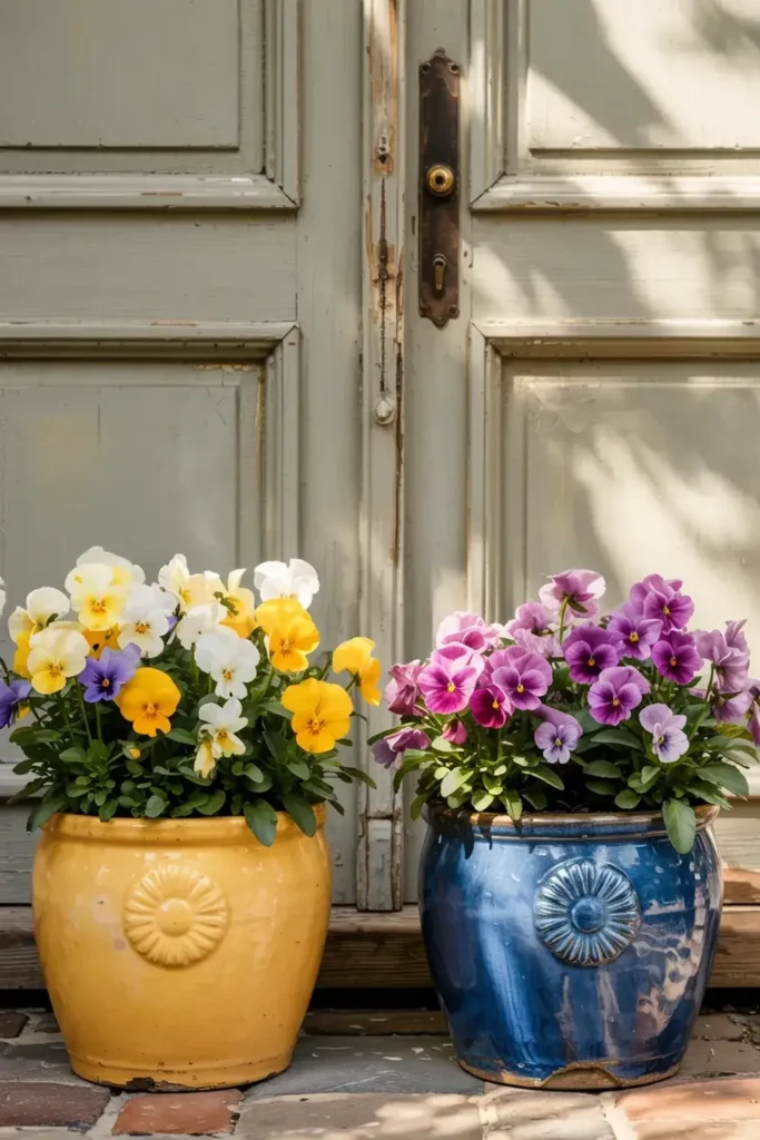 Two potted pansies in front of a pale gray door.