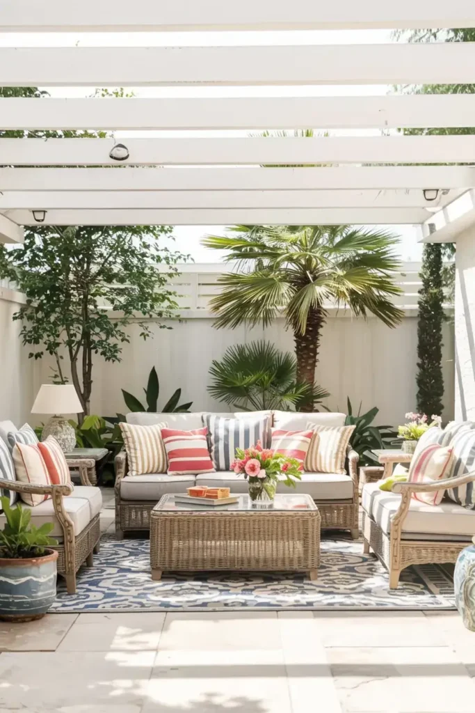 Outdoor patio seating area under a white pergola with wicker furniture, striped cushions, and potted plants.