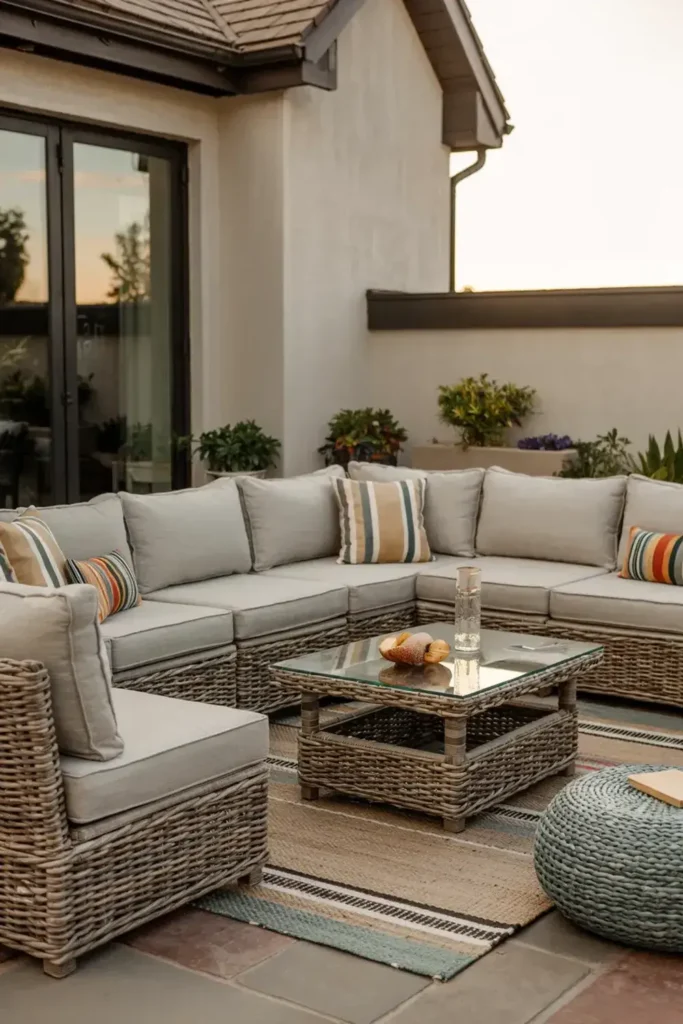 Wicker outdoor sectional sofa with light cushions and striped pillows on a patio with a glass-topped coffee table and pouf.
