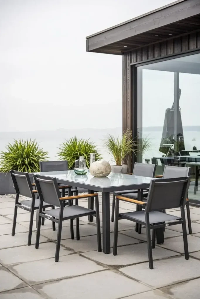 Modern grey outdoor dining table and chairs on a stone patio overlooking the water.