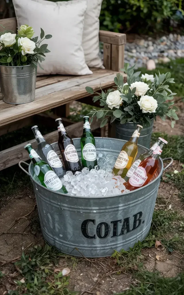 Galvanized metal tub filled with bottled beer and ice, with flower arrangements and a wooden bench in the background.