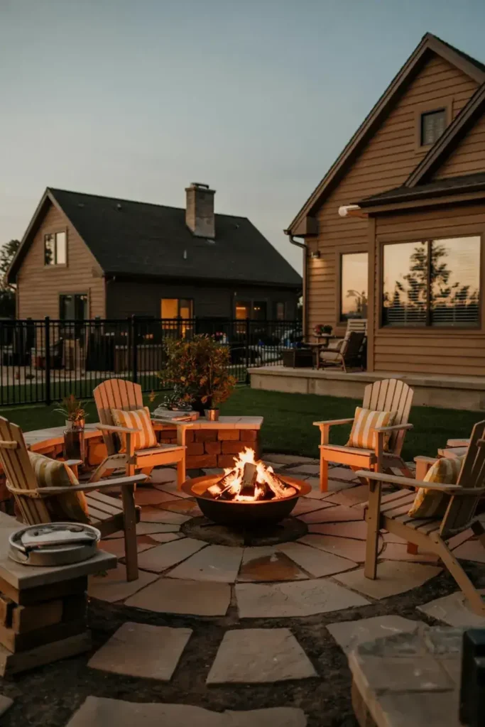 Adirondack chairs circle a lit fire pit on a stone patio in a backyard at dusk.