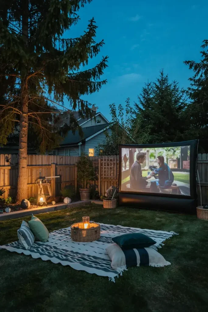 Backyard movie night setup with inflatable screen, blanket, pillows, and lighting at dusk.