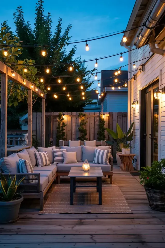 Cozy backyard patio deck with L-shaped sofa illuminated by string lights at dusk.