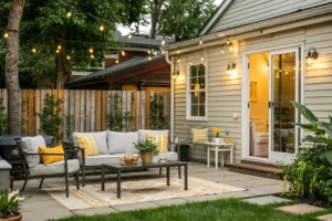 Backyard stone patio with grey outdoor furniture, yellow accents, rug, and string lights next to a house.