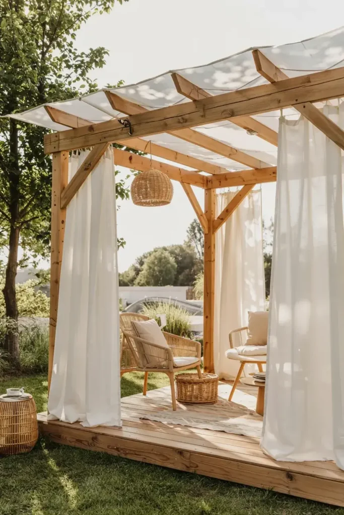 Wooden pergola with white curtains and wicker furniture creating an outdoor seating area on a deck.