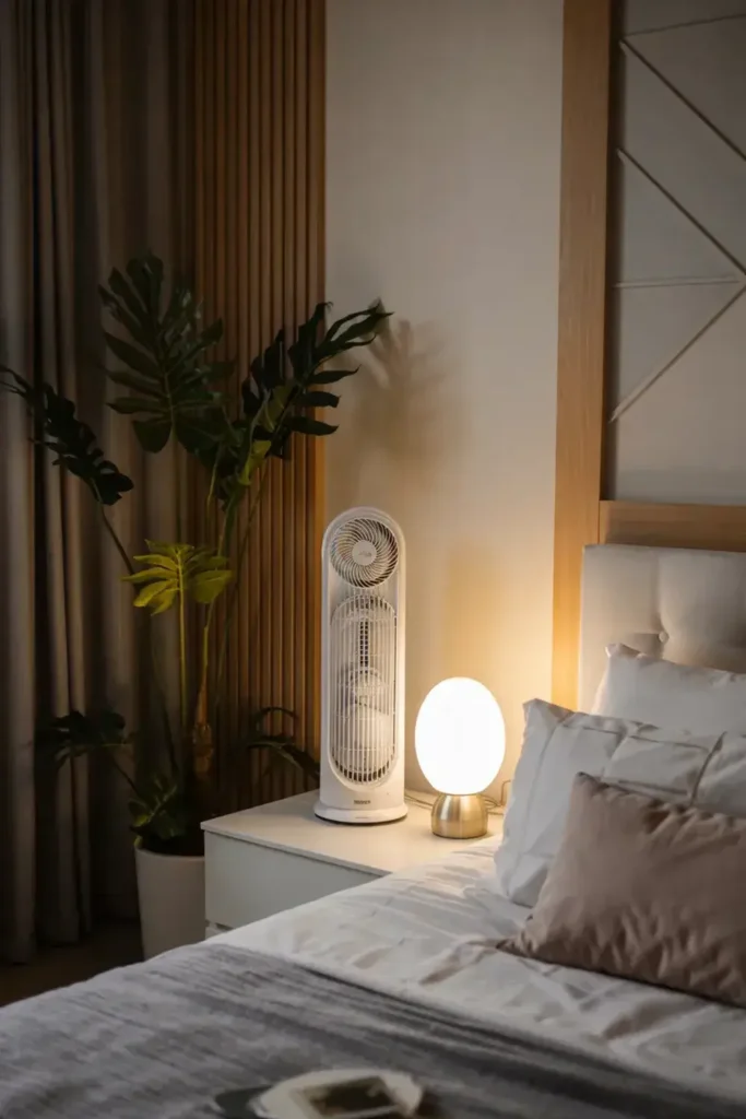 Bedroom nightstand with a tall white tower fan, a lit spherical lamp, and a large potted plant nearby.