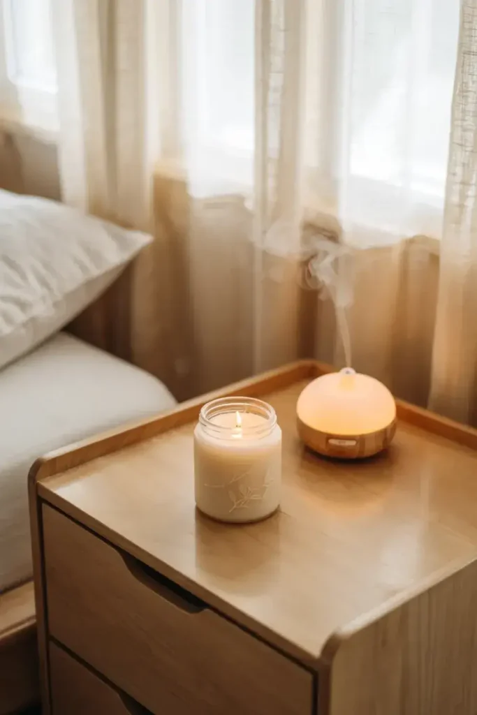 Candle and diffuser on a wooden nightstand in a bedroom.