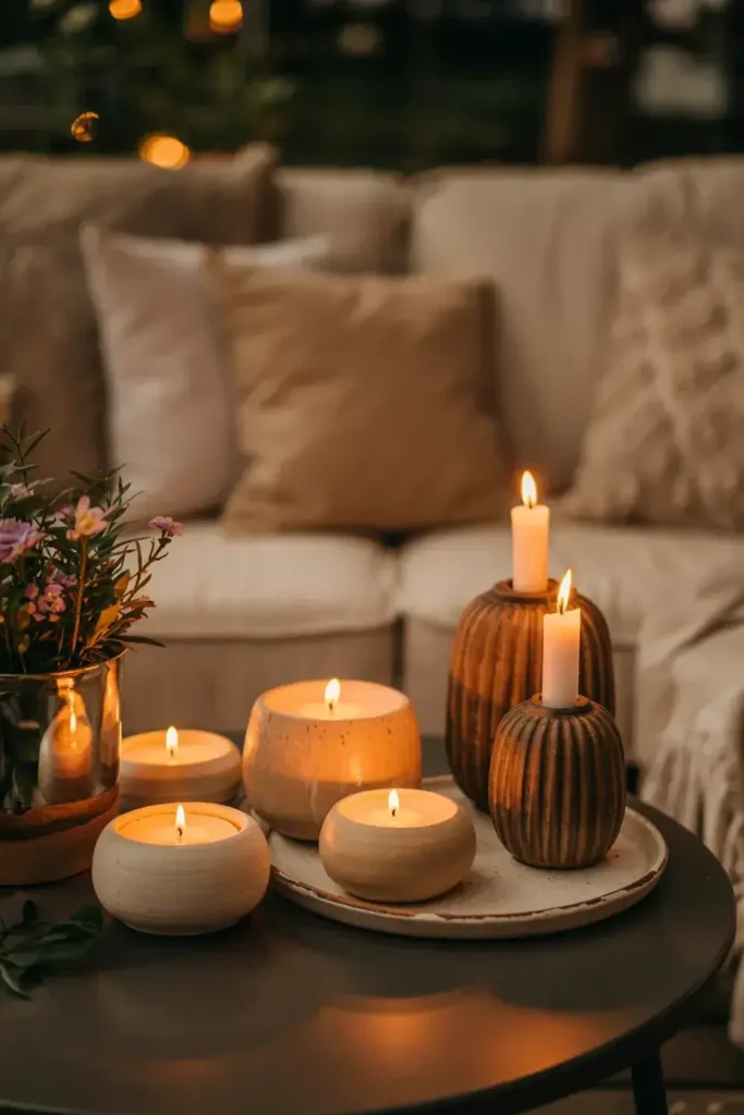 Lit candles in various decorative holders sit on a tray on a dark table, creating a warm ambiance.