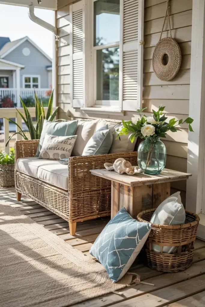 Sunlit porch with wicker sofa, wooden side table, vase, plants, and pillows.