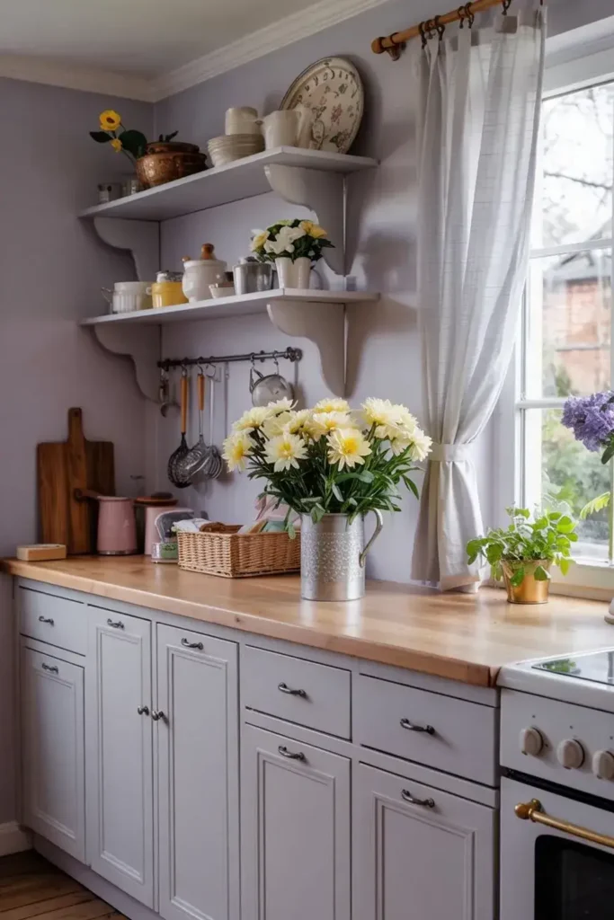 A cozy kitchen with light grey cabinets, wooden countertop, open shelves, and a vase of yellow chrysanthemums.