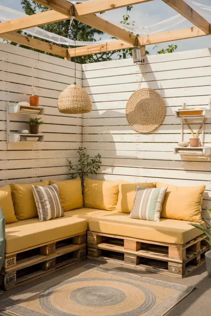 Outdoor patio corner sofa made from wooden pallets with yellow cushions against a white slatted wall.