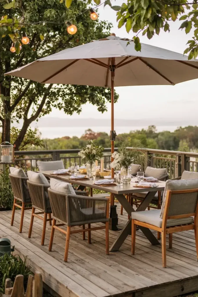 Outdoor dining table set on a wooden deck under an umbrella, with string lights and a scenic view.