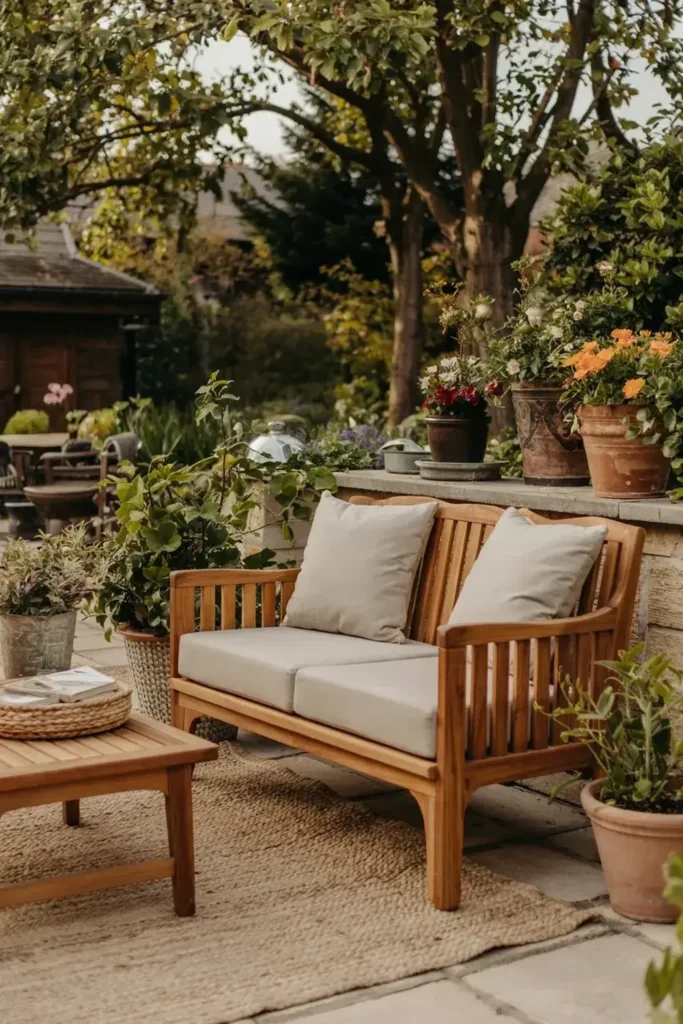 Wooden garden bench with light grey cushions on a patio surrounded by potted plants and trees.