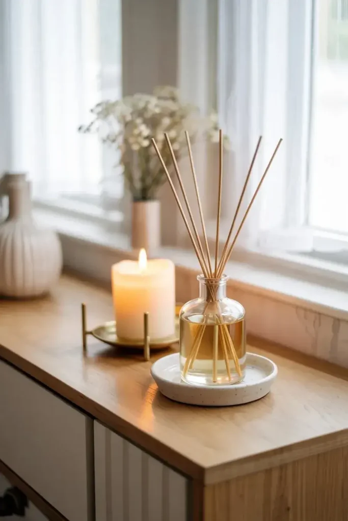 Still life of a candle, reed diffuser, and flowers on a window sill.