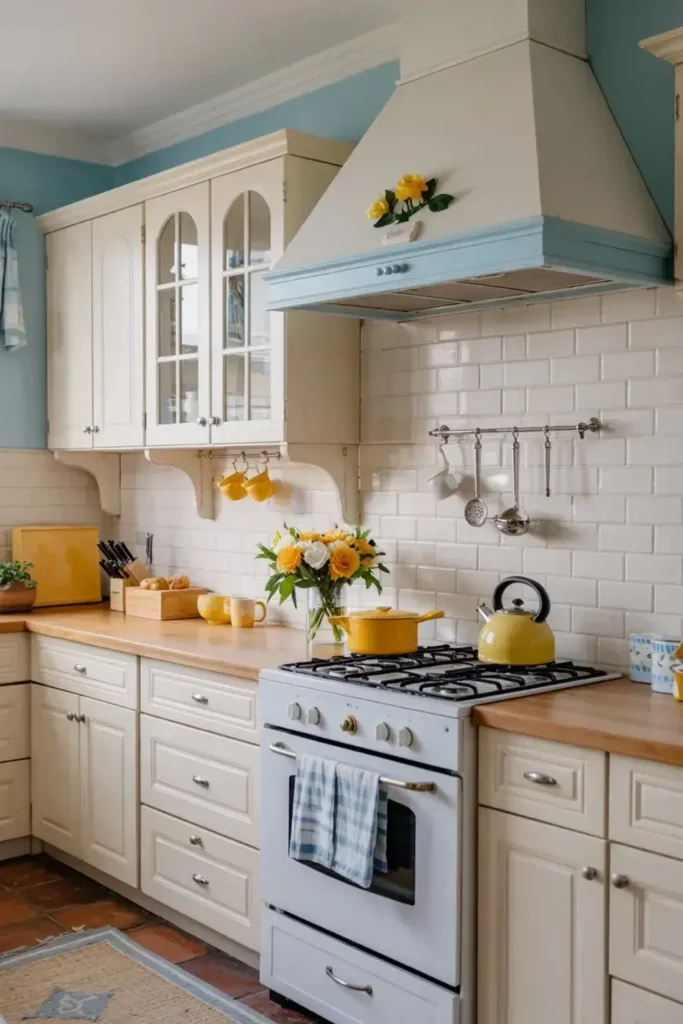A cozy kitchen with cream cabinets, light blue accents, and yellow accessories.