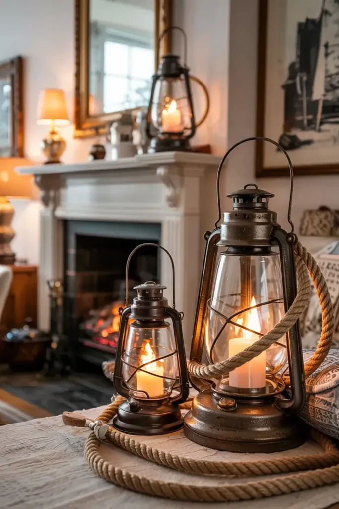 Two lit lanterns and a fireplace mantel decorated with lamps and framed art create a cozy, warm scene.