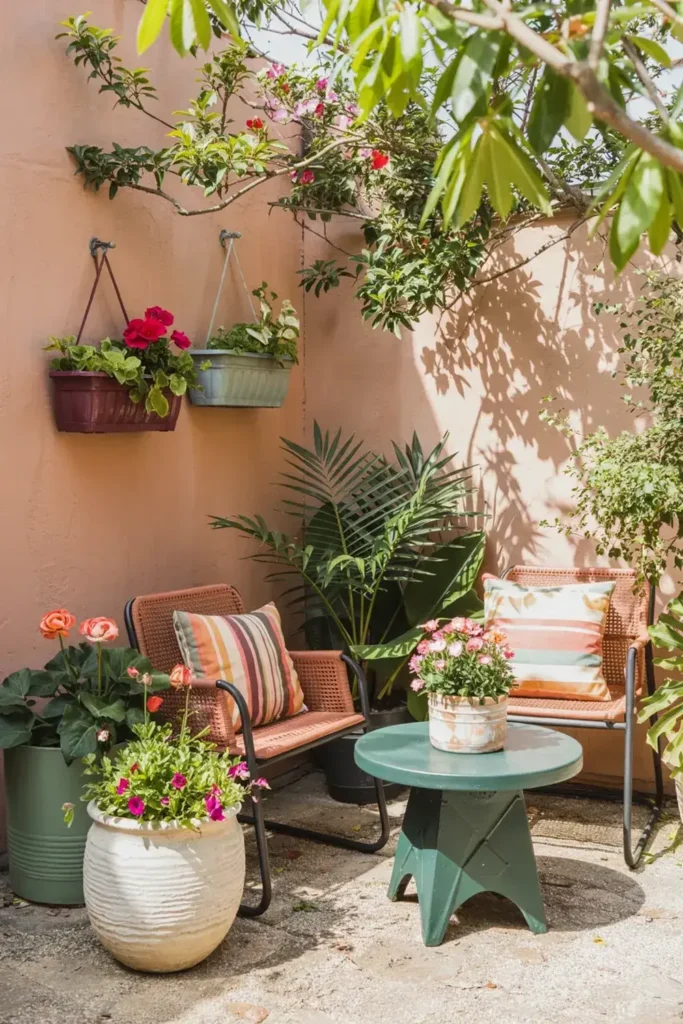 Cozy patio corner with wicker chairs, a green table, and numerous potted plants against a pink wall.