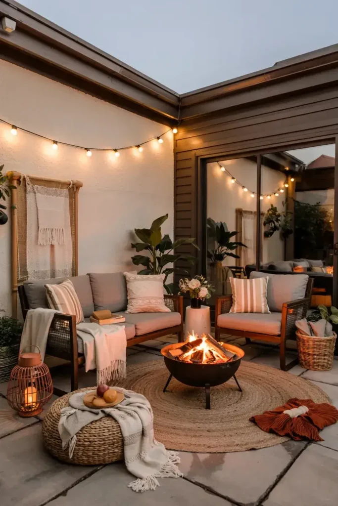 Cozy outdoor patio at dusk with a lit fire pit, seating, string lights, and plants.