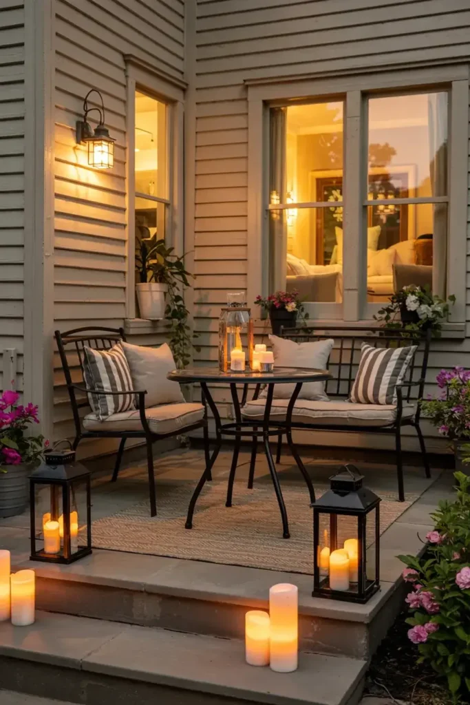 Cozy patio seating area at dusk illuminated by lanterns, candles, and warm indoor lights.