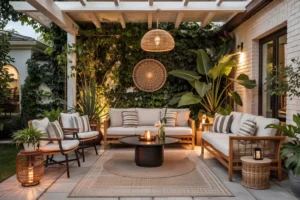 Cozy outdoor patio with wooden furniture, wicker accents, lush greenery, and warm evening lighting under a pergola.