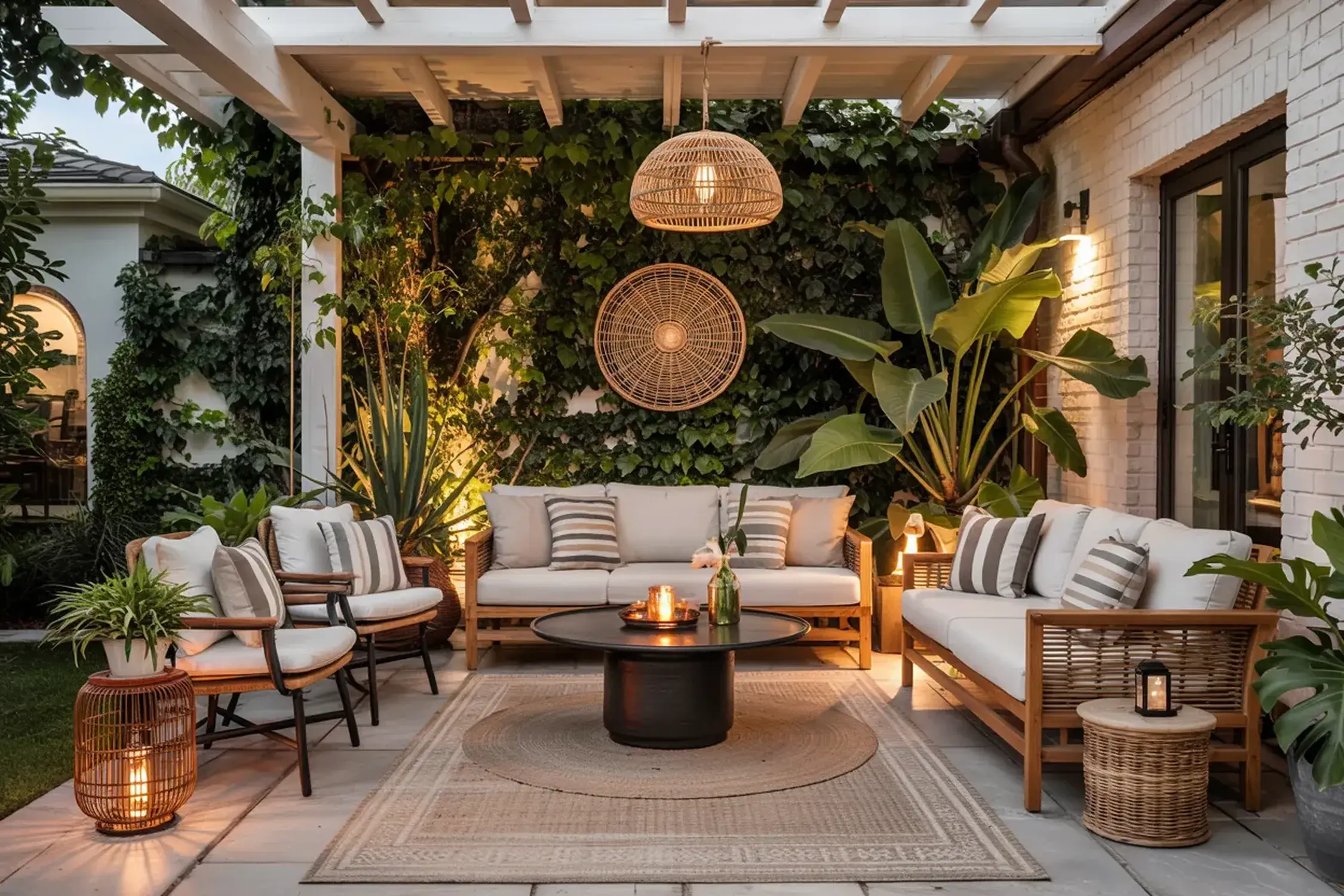 Cozy outdoor patio with wooden furniture, wicker accents, lush greenery, and warm evening lighting under a pergola.