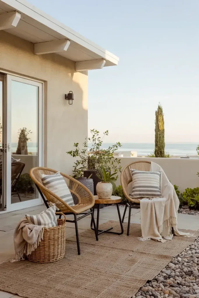 Two woven patio chairs with striped pillows and blankets sit on a jute rug overlooking the ocean.