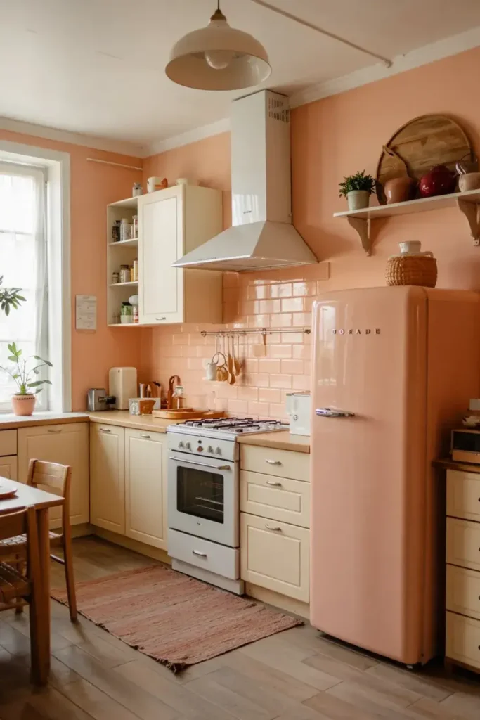 A retro kitchen with peach walls, cream cabinets, a white stove, and a prominent pink refrigerator.