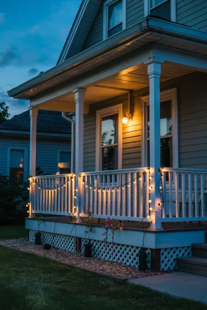 House porch lit by string lights and a wall sconce at dusk.