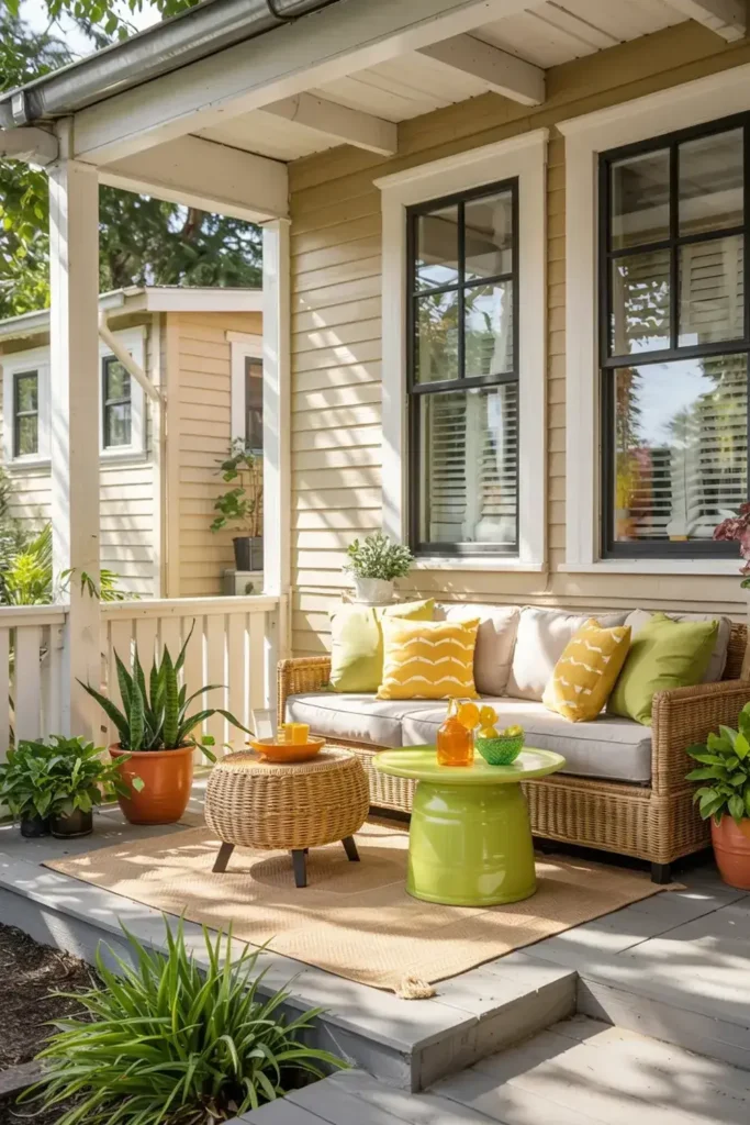 Sunny porch with wicker sofa, yellow and green cushions, green side table, wicker stool, and potted plants.