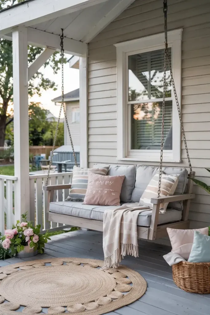 Covered porch with a wooden swing sofa, grey cushions, decorative pillows, a throw blanket, and a round jute rug.
