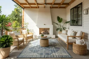Outdoor seating area with wicker chairs, a sofa, and potted plants on a covered porch with a rug and fireplace.