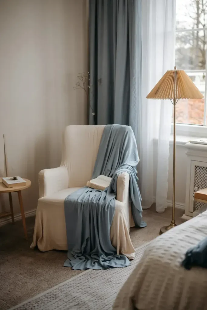 A cream armchair draped with a blue blanket and holding an open book sits next to a floor lamp and window.