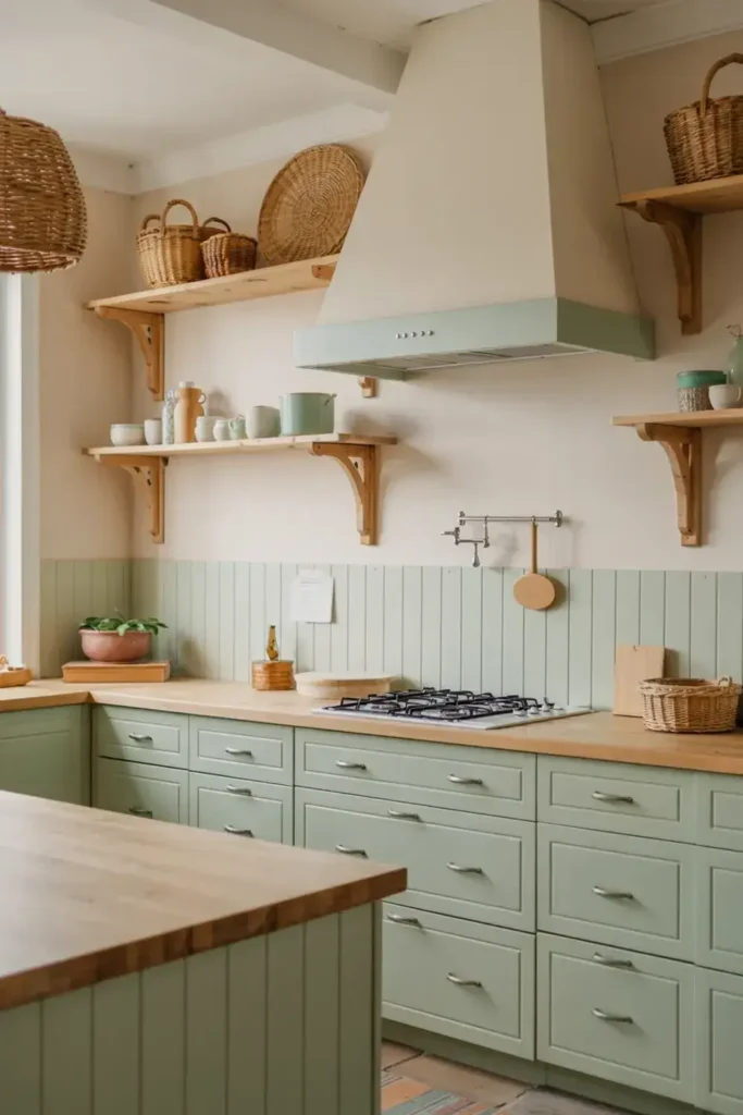 A farmhouse-style kitchen with sage green cabinets, wooden countertops, open shelving, and a large range hood.