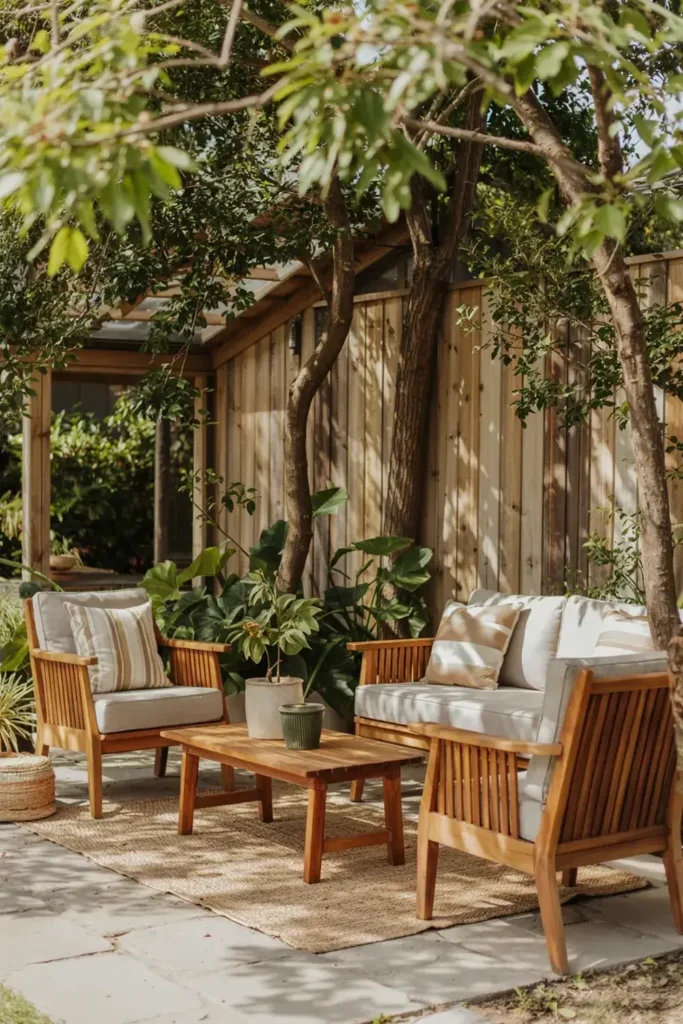 A sun-dappled patio with wooden outdoor furniture, potted plants, and a jute rug under leafy trees.