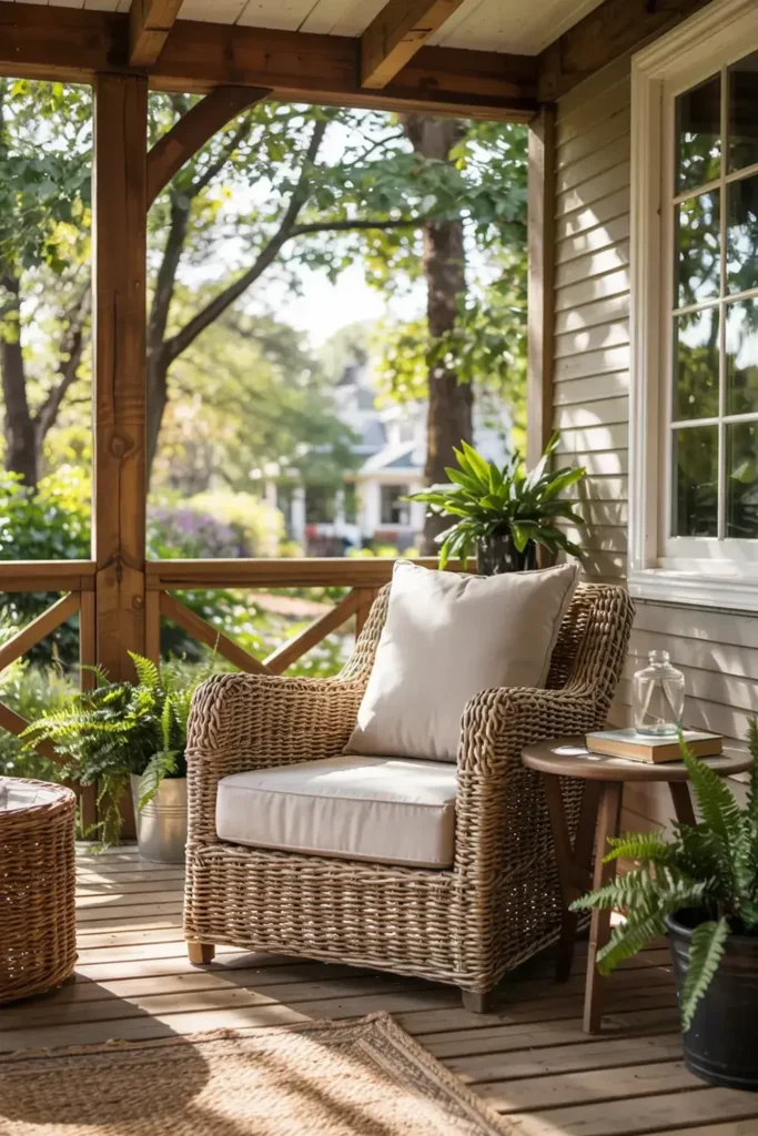 A wicker armchair with light cushions sits on a sunlit wooden porch surrounded by potted plants.