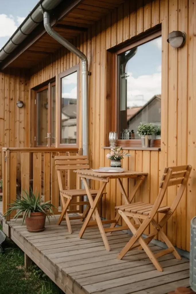 Wooden table and two chairs on a timber deck outside a wood-clad house.
