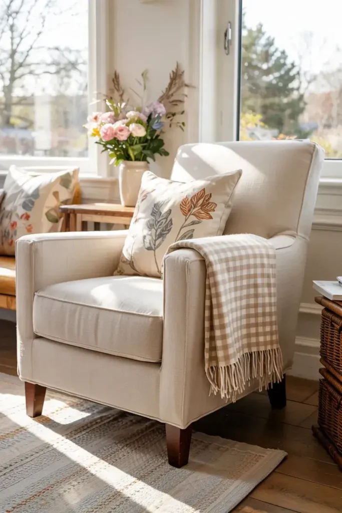 An armchair with a pillow and throw blanket sits in a sunlit room.