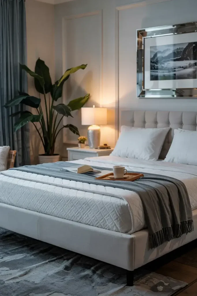 A tidy bedroom featuring a bed with white quilted bedding, a grey throw, a nightstand with a lamp, a large potted plant, and framed artwork.