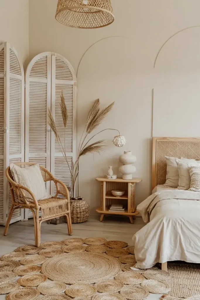Boho-style bedroom featuring rattan furniture, a jute rug, pampas grass, and neutral decor.