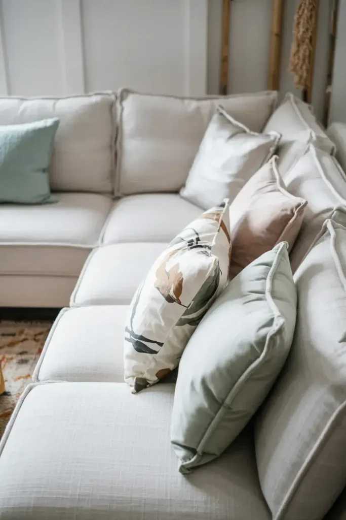 Close-up of a white sectional couch with various decorative pillows.