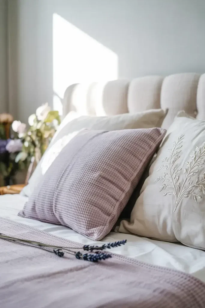 Bedroom scene with cushions, bedding, and lavender sprigs in soft, natural light.
